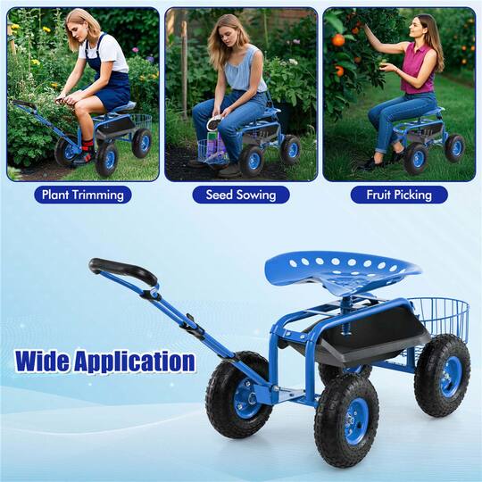 Costway Garden Cart Patio Wagon Roll Work Seat with Tray Basket Extendable Handle